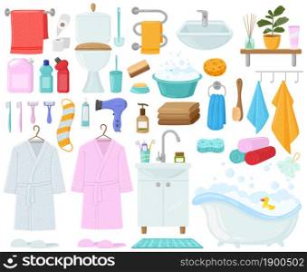 Cartoon bathtub, towels and hygiene products, bathroom. Bathroom hygiene, bathrobe, bathtub and sink vector illustration set. Bathroom cartoon. Toothbrush and toothpaste, shampoo accessories for bath. Cartoon bathtub, towels and hygiene products, bathroom elements. Bathroom hygiene accessories, bathrobe, bathtub and sink vector illustration set. Bathroom cartoon elements