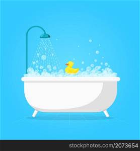 Cartoon bathtub with foam. Cute white tub, shower soap bubble and duck. Spa style bathroom, flat care and relaxation recent vector concept. Bathroom soap, bubble spa illustration. Cartoon bathtub with foam. Cute white tub, shower soap bubble and duck. Spa style bathroom, flat care and relaxation recent vector concept