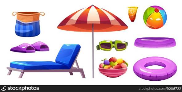 Cartoon beach accessories set isolated on white background. Vector illustration of colorful umbrella, chaise lounge, sunglasses, sunscreen cream, bag, slippers, rubber ball and ring. Summer rest items. Cartoon beach accessories set on white
