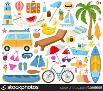 Cartoon beach, summertime symbols, cocktail, coconut, umbrella and slippers. Exotic fruits, boat and beacon vector illustration set. Snorkelling and diving elements. Beach summer cocktail. Cartoon beach, summertime symbols, cocktail, coconut, umbrella and slippers. Exotic fruits, boat and beacon vector illustration set. Snorkelling and diving elements