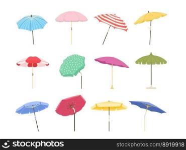 Cartoon beach umbrella. Sun protective outdoor large parasols with stripes, summer sunshade isolated vector illustration set. Colorful equipment for relaxation on seaside, vacation concept. Cartoon beach umbrella. Sun protective outdoor large parasols with stripes, summer sunshade isolated vector illustration set