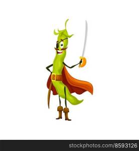 Cartoon bean pirate character, happy smiling green pea vegetable corsair in carnival costume. Vector buccaneer personage wear cape and eye patch holding saber. Isolated freebooter or picaroon captain. Cartoon bean pirate character, happy green pea
