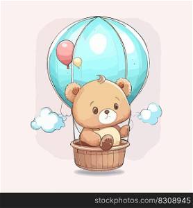 Cartoon bear flies on a hot air balloon. Vector illustration design.