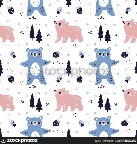 Cartoon bear seamless pattern. Cute color animals, trees and forest berries. Scandinavian print design. Funny grizzly characters and woodland spruces. Wild predator mammals. Vector childish background. Cartoon bear seamless pattern. Cute color animals, trees and forest berries. Scandinavian print design. Grizzly characters and woodland spruces. Wild mammals. Vector childish background