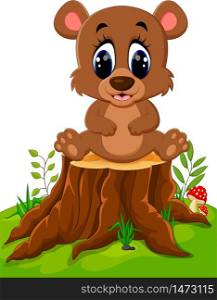 Cartoon bear sitting on tree stump