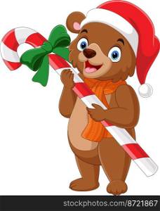 Cartoon bear wearing scarf and hat holding candy cane