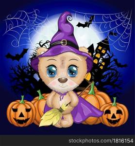 Cartoon bear with a potion and a broom in a purple witch hat and cloak on the background of a castle, pumpkin, moon. Halloween poster. Cartoon bear with a potion and a broom in a purple witch hat and cloak on the background of a castle, pumpkin, moon. Halloween