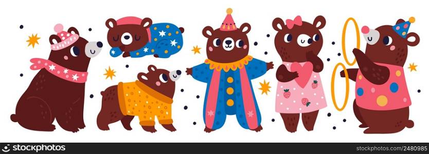 Cartoon bear with objects. Funny animal characters. Circus costumes and attributes. Cute forest mascot sleeping or juggling. Grizzly in clown clothes or hat. Vector wild mammals different actions set. Cartoon bear with objects. Funny animal characters. Circus costumes and attributes. Forest mascot sleeping or juggling. Grizzly in clown clothes or hat. Vector mammals different actions set