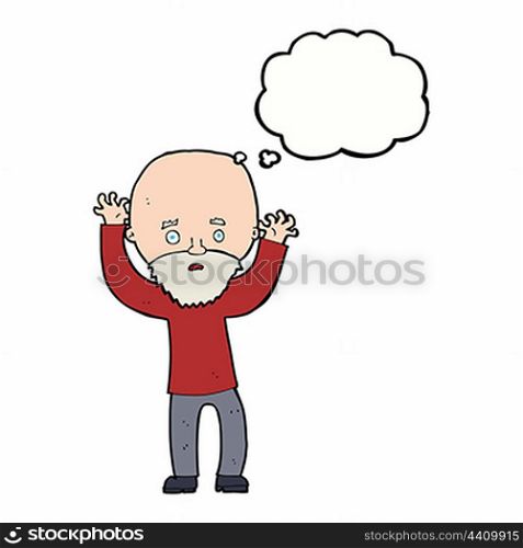 cartoon bearded man panicking with thought bubble