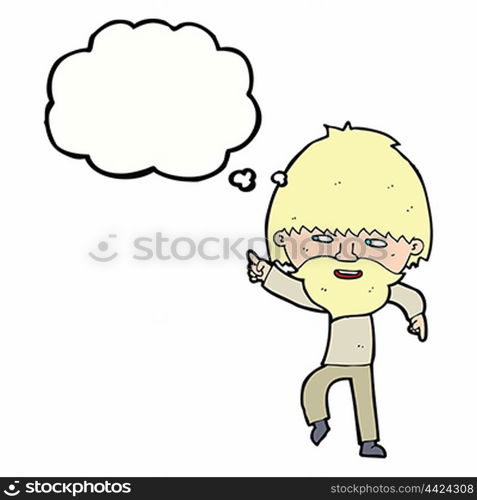 cartoon bearded man pointing and laughing with thought bubble