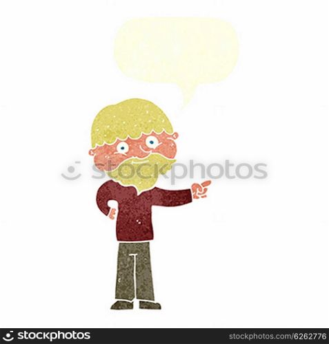 cartoon bearded man pointing with speech bubble