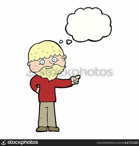 cartoon bearded man pointing with thought bubble