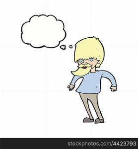 cartoon bearded man shrugging shoulders with thought bubble
