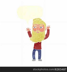 cartoon bearded man waving arms with speech bubble