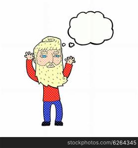 cartoon bearded man waving arms with thought bubble