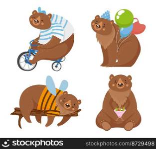 Cartoon bears, circus animal ride bicycle with air balloon. Vector illustration of wildlife, cyclist mascot grizzly. Cartoon bears, circus animal ride bicycle with air balloon