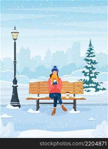Cartoon beautiful autumn city park with bench. Woman using phone sitting on the bench in the winter park. Vector illustration in flat style. Woman with phone sitting in park
