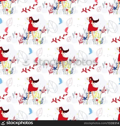 Cartoon Beautiful Woman Character in Elegant Casual Red Dress over Foliage Backdrop. Flat Seamless Pattern in Floral Style. Endless Vector Repeat Illustration. Abstract Texture for Wallpapers. Beautiful Woman Seamless Pattern in Floral Style