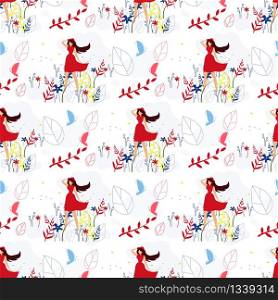 Cartoon Beautiful Woman Character in Elegant Casual Red Dress over Foliage Backdrop. Flat Seamless Pattern in Floral Style. Endless Vector Repeat Illustration. Abstract Texture for Wallpapers. Beautiful Woman Seamless Pattern in Floral Style