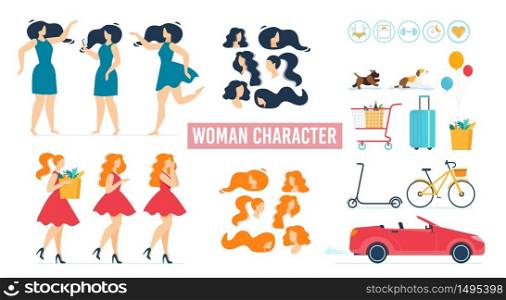 Cartoon Beautiful Woman Character Wearing Elegant Dress Vector Animated Set. Front, Side, Back View. Female Body Parts, Different Poses, Hairstyle, Accessories, Transport. Vector Flat Illustration. Cartoon Woman Character in Dress Animated Set