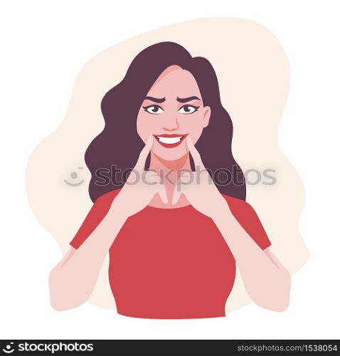 Cartoon beautiful woman pull on mouth showing fake smile isolated on white background. Female character demonstrate liar happy smiling on face touching finger to lips vector flat illustration. Cartoon beautiful woman pull on mouth showing fake smile isolated on white background