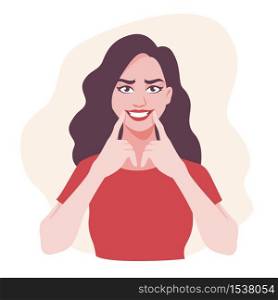 Cartoon beautiful woman pull on mouth showing fake smile isolated on white background. Female character demonstrate liar happy smiling on face touching finger to lips vector flat illustration. Cartoon beautiful woman pull on mouth showing fake smile isolated on white background