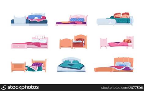 Cartoon bed. Wooden vintage bedroom furniture with cozy textile plaid and cushions. Comfortable sleeping place. Soft blanket and resting feather pillows. Vector home interior isolated elements set. Cartoon bed. Wooden vintage bedroom furniture with cozy textile plaid and cushions. Comfortable sleeping place. Soft blanket and feather pillows. Vector interior isolated elements set