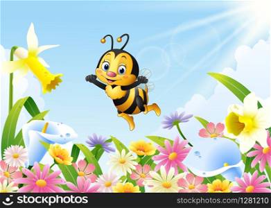 Cartoon bee flying over flower field
