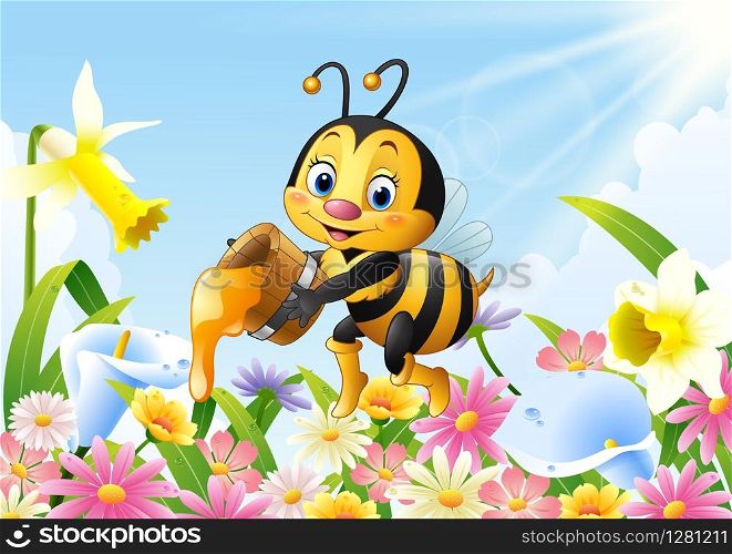 Cartoon bee holding honey bucket with flower background