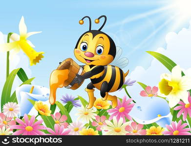 Cartoon bee holding honey bucket with flower background