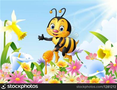 Cartoon bee holding honey dipper with flower background