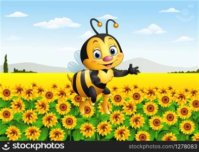 Cartoon bee in the sunflower field
