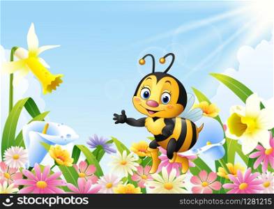 Cartoon bee sitting on flower and waving hand