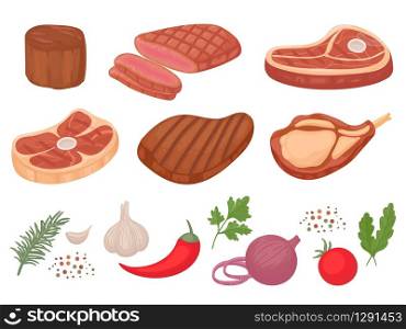 Cartoon beef steaks. Grilled steak, beef meats and filet mignon. Pepper and spices, garlic, onion and tomatoes vector illustration set. Steak and herb ingredient, food for barbecue, tomato and meat. Cartoon beef steaks. Grilled steak, beef meats and filet mignon. Pepper and spices, garlic, onion and tomatoes vector illustration set