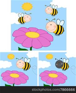 Cartoon Bees Flying Over Flower. Collection Set