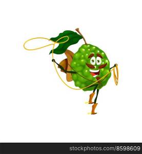 Cartoon bergamot cowboy with lasso. Vector citrus fruit horseman character wear hat and boots spin rope over head. Brave ranger fresh funny tropical plant, isolated fantasy vitamin food personage. Cartoon bergamot cowboy with lasso, personage