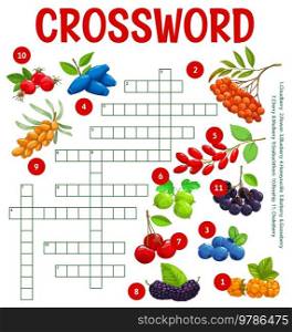 Cartoon berries crossword worksheet, find a word quiz vector game of kids education. Fill in squares puzzle or grid riddle with ripe fruits of cherry, blueberry, barberry, honeyberry and gooseberry. Cartoon berries crossword worksheet, game, puzzle