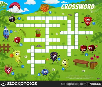 Cartoon berry character on summer party. Crossword grid. Find a word quiz game, educational puzzle vector worksheet with with blackberry, gooseberry and cherry, raspberry, blackcurrant and elderberry. Crossword, find word quiz with berry characters