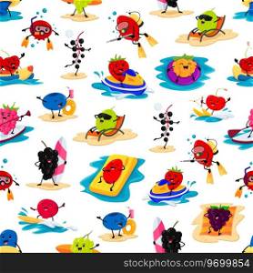 Cartoon berry character on summer vacation seamless pattern. Vector background with honey berry, blueberry, cranberry, raspberry and birds cherry. Strawberry, rosehip, blackberry, gooseberry on beach. Cartoon berry on summer vacation seamless pattern