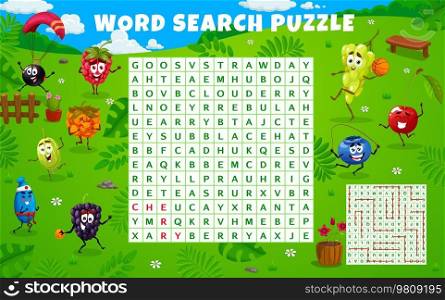 Cartoon berry characters on summer party, word search puzzle game worksheet. Vector kids quiz grid with gooseberry, strawberry, cloudberry and blueberry, honeysuckle, raspberry or blackberry. Cartoon berry characters on summer party, puzzle