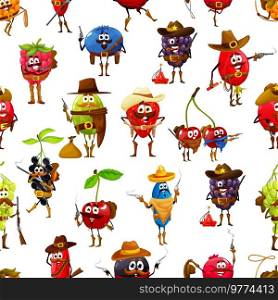 Cartoon berry cowboy, ranger, sheriff, robber and bandit characters seamless pattern. Cute raspberry, blueberry, blackberry and rosehip, cherry, grape on wrapping paper, Wild West textile vector print. Cartoon berry cowboy characters seamless pattern