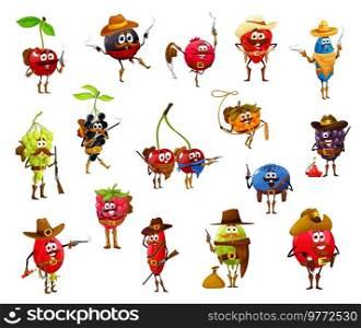 Cartoon berry cowboy, ranger, sheriff, robber and bandit funny characters. Vector birds cherry, grapes, black currant and rosehip. Raspberry, barberry, gooseberry or blueberry, cloudberry, honeyberry. Cartoon berry cowboy, ranger, sheriff and robber