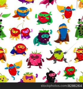 Cartoon berry superhero and defender characters seamless pattern. Vector background with blueberry, rosehip, blackberry and gooseberry. Cranberry, cherry, strawberry and birds cherry super heroes. Cartoon berry superhero character seamless pattern