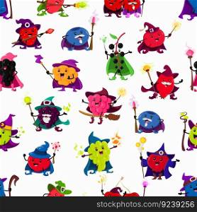 Cartoon berry wizard, magician or mage characters seamless pattern. Vector background with strawberry, blueberry, cloudberry and grapes. Blackberry, bird cherry, honey berry or cranberry or rosehip. Cartoon berry wizard characters seamless pattern