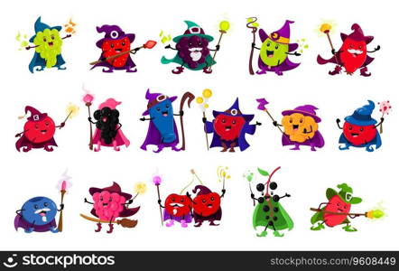 Cartoon berry wizard, magician or mage characters, vector funny strawberry and cherry sorcerers. Cute blueberry mage with blackberry magician, raspberry and grape witch hat with magic wand and potion. Cartoon berry wizard, magician or mage characters