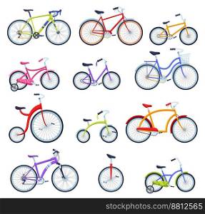 Cartoon bicycles. Different types of bikes for kids and adults, city bike, sport bicycle and unicycle vector set. Sport equipment for cycling activity for transportation, extreme training. Cartoon bicycles. Different types of bikes for kids and adults, city bike, sport bicycle and unicycle vector set