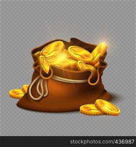 Cartoon big old bag with gold coins isolated on transparent background. Gold money earning, treasure prize. Vector illustration. Cartoon big old bag with gold coins isolated on transparent background