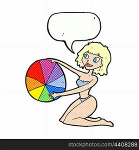 cartoon bikini girl with beach ball with speech bubble