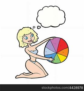 cartoon bikini girl with beach ball with thought bubble