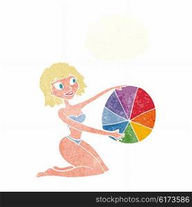 cartoon bikini girl with beach ball with thought bubble